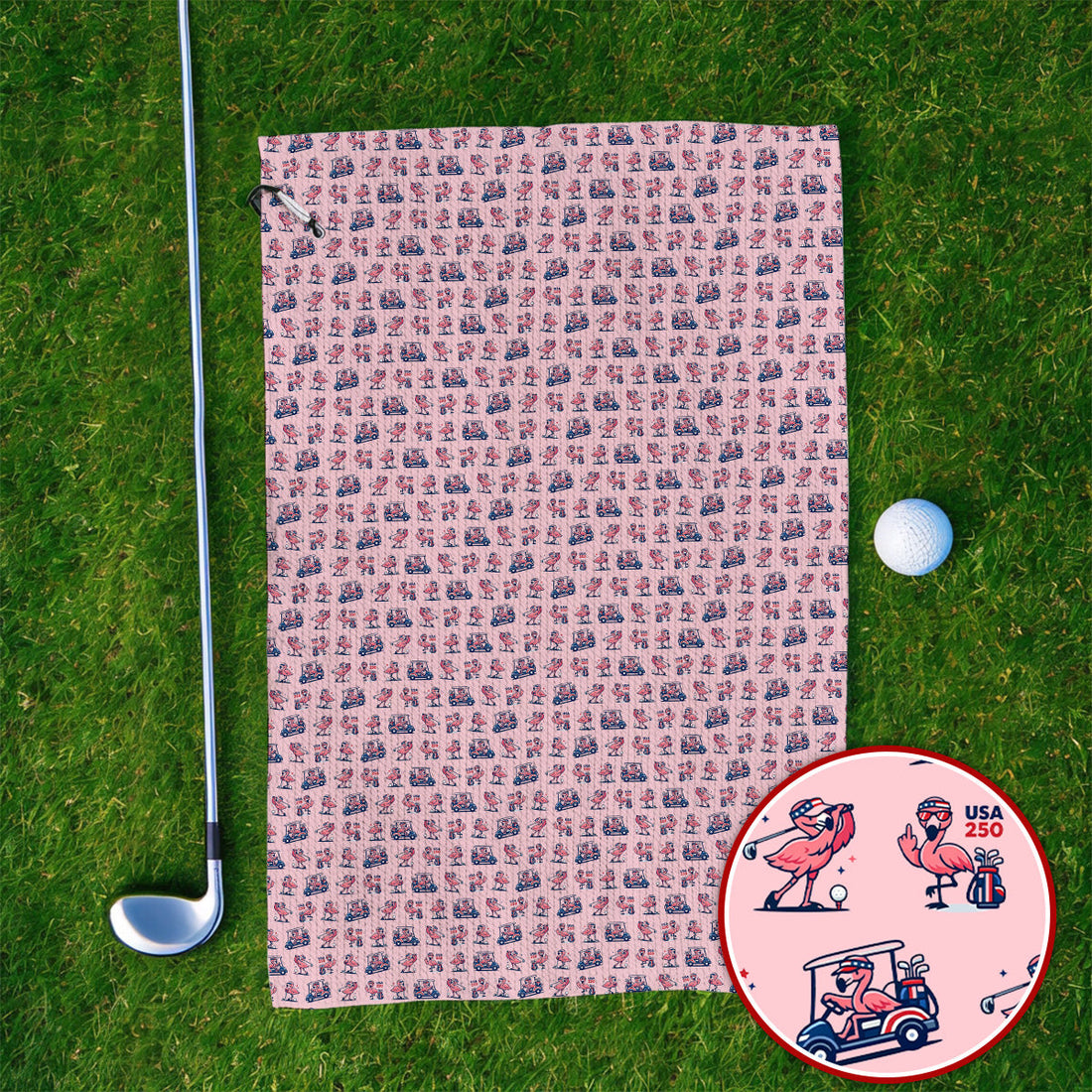 Funny Flamingo Pattern Golf Towels, USA 250 Patriotic Summer Golf Towel, Crazy Golf Gift For Golfer