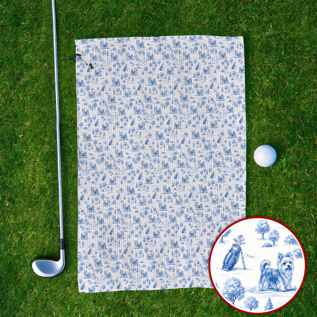 Yorkshire Terrier Toile De Jouy Golf Towels, Yorkie Pattern Golf Towel, Golf Gift For Golfer
