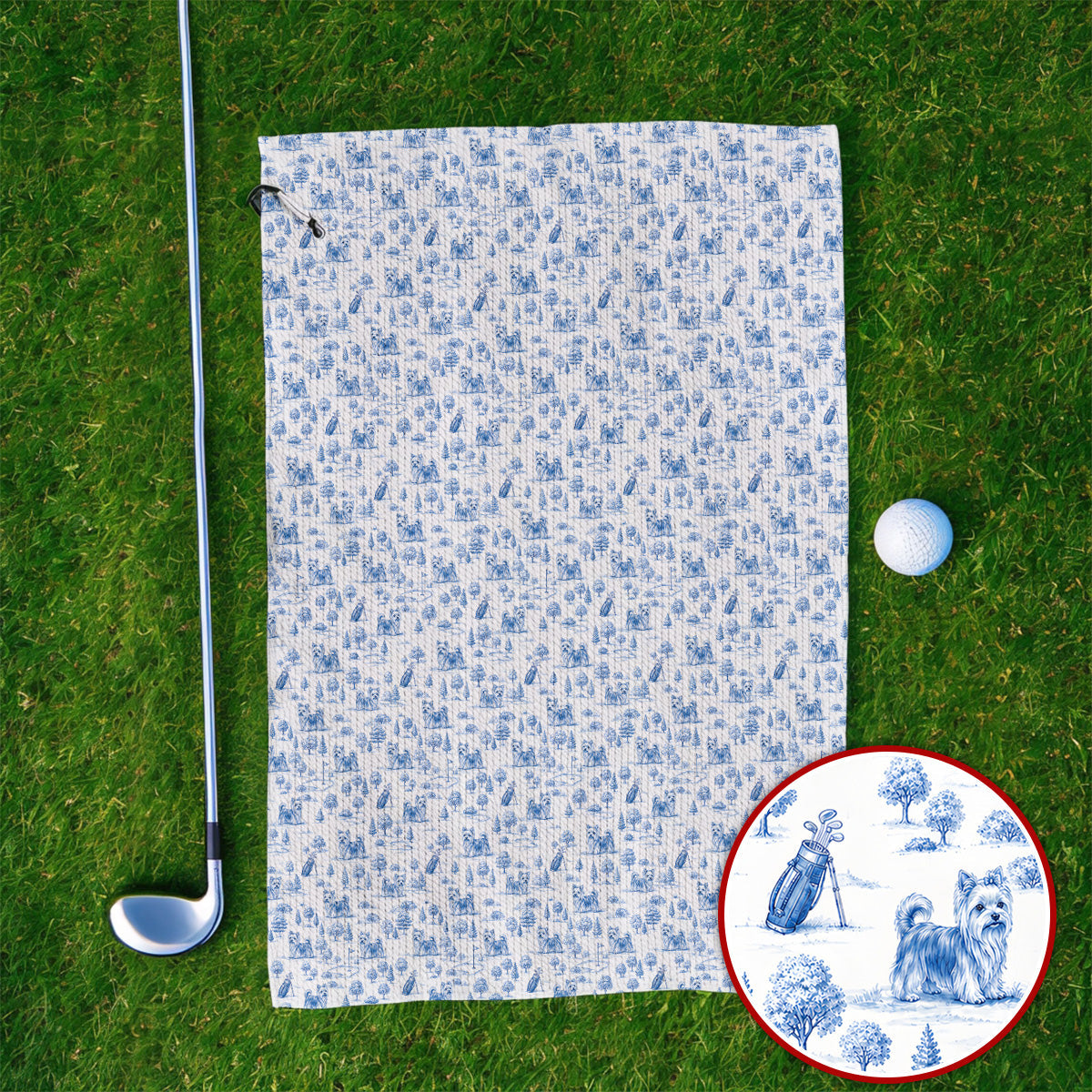 Yorkshire Terrier Toile De Jouy Golf Towels, Yorkie Pattern Golf Towel, Golf Gift For Golfer
