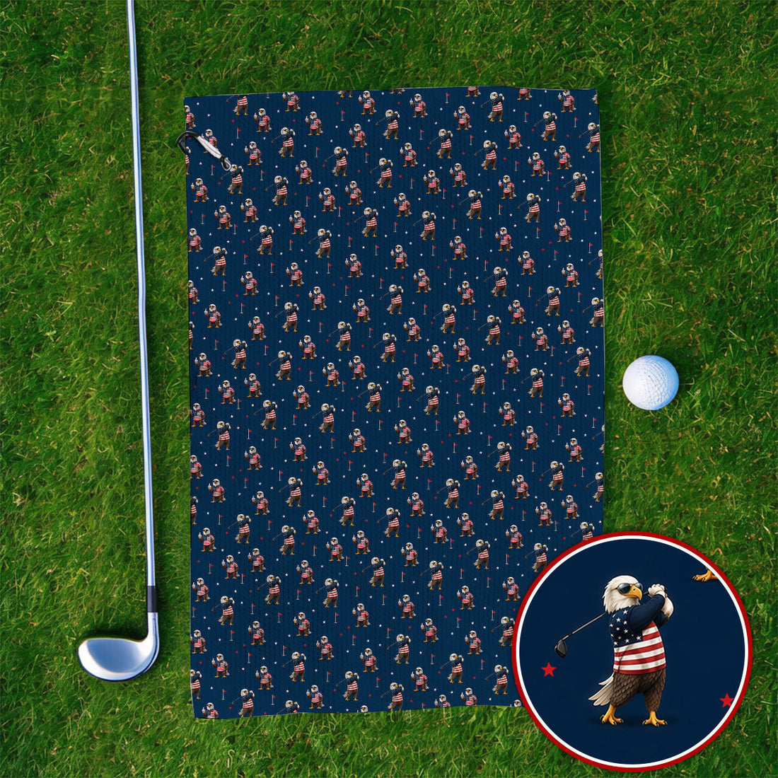 Patriotic Bald Eagle Golf Towels, American Flag Eagle Pattern Golf Towel, USA Golf Gift For Golfer