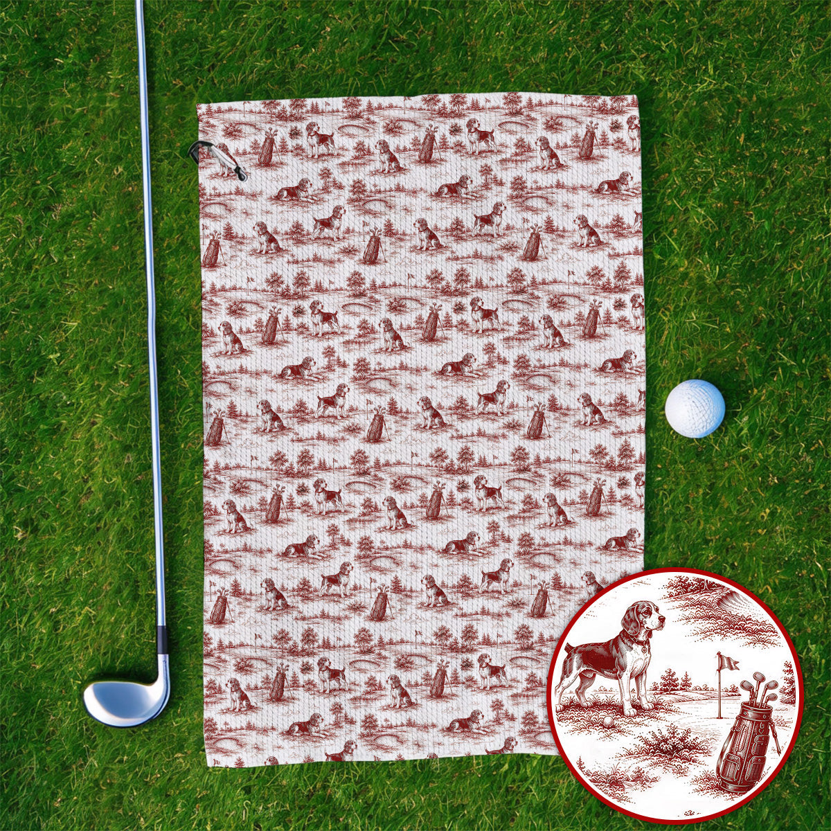 Beagle Toile De Jouy Golf Towel, Vintage Dog Pattern Golf Towels, Beagle Lover Golf Gift