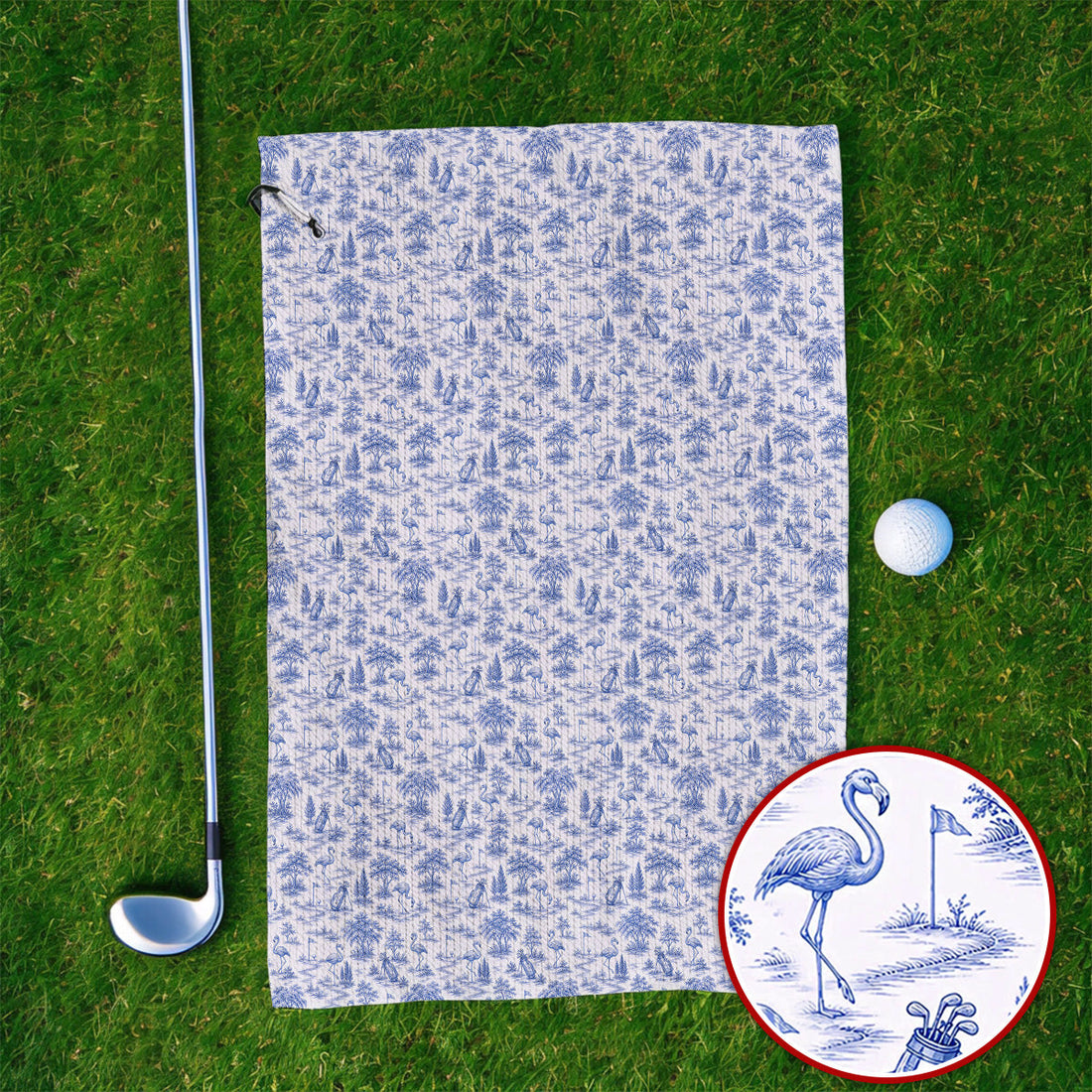 Toile De Jouy Flamingo Golf Towel, Crazy Pink Golf Towels, Golf Gift For Golfer