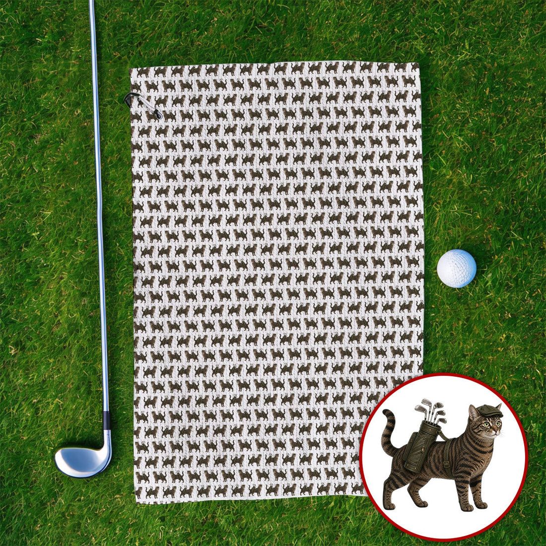 Brown Tabby Cat Golf Towel, Funny Cat Pattern Towels, Cat Lover Golf Gift For Golfer