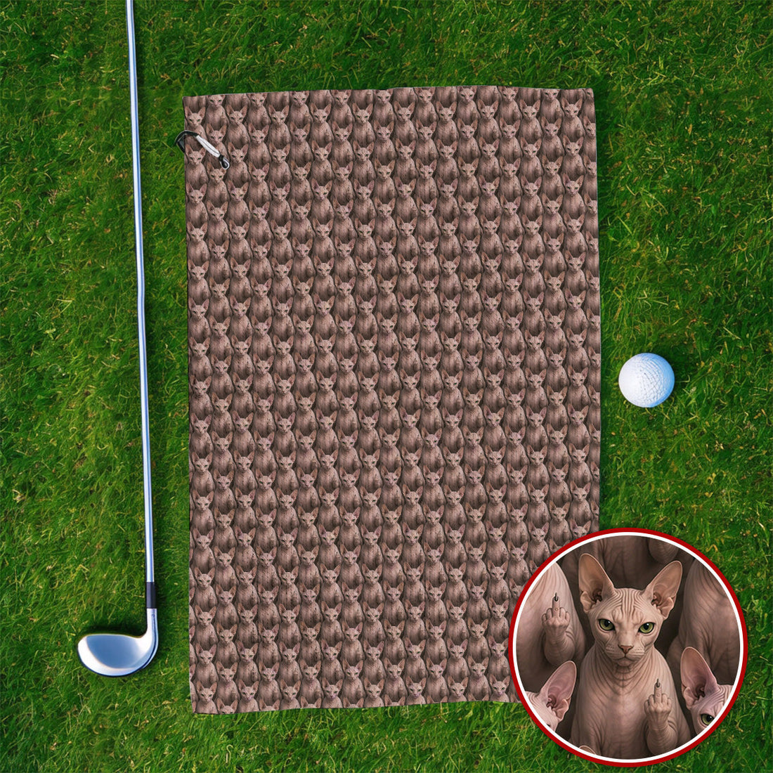 Funny Sphynx Cat Golf Towel, Hairless Cat Pattern Golf Towels, Crazy Golf Gift For Golfer