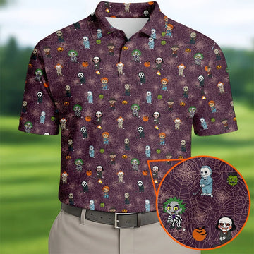 Funny Horror Character Purple Golf Polo ShirtHorror Movie Shirt, Halloween Golf Shirt, Fun Golf Polos For Men