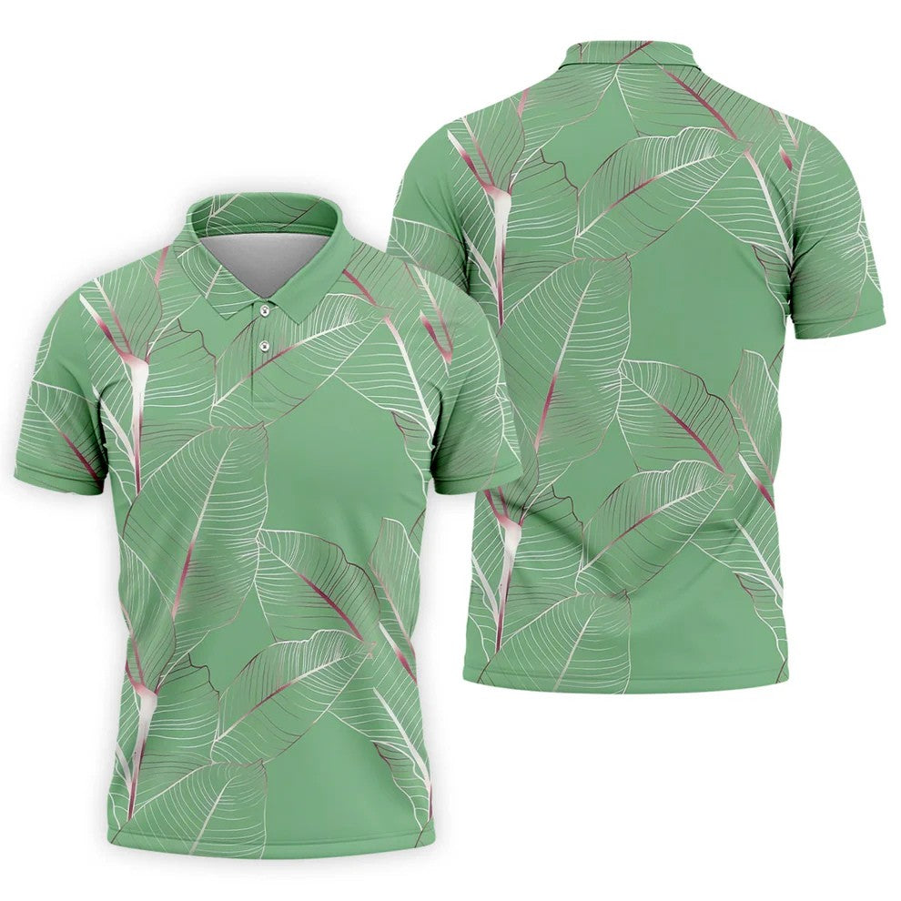 Tropical Leaves Green Golf Shirt, Summer Hawaiian Golf Shirt, Golf Shirts For Men