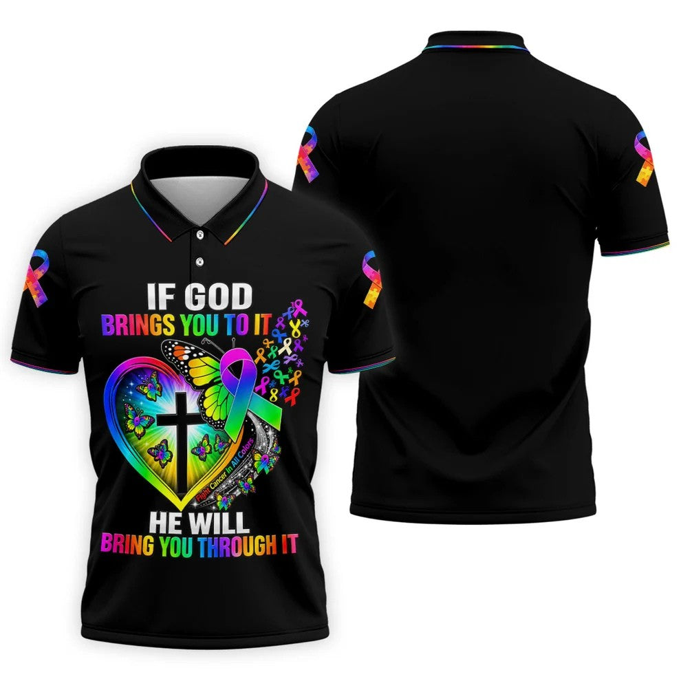 If God Brings You To It Butterfly Cancer Polo Shirt, Mens Golf Polo, Men's Golf Shirt