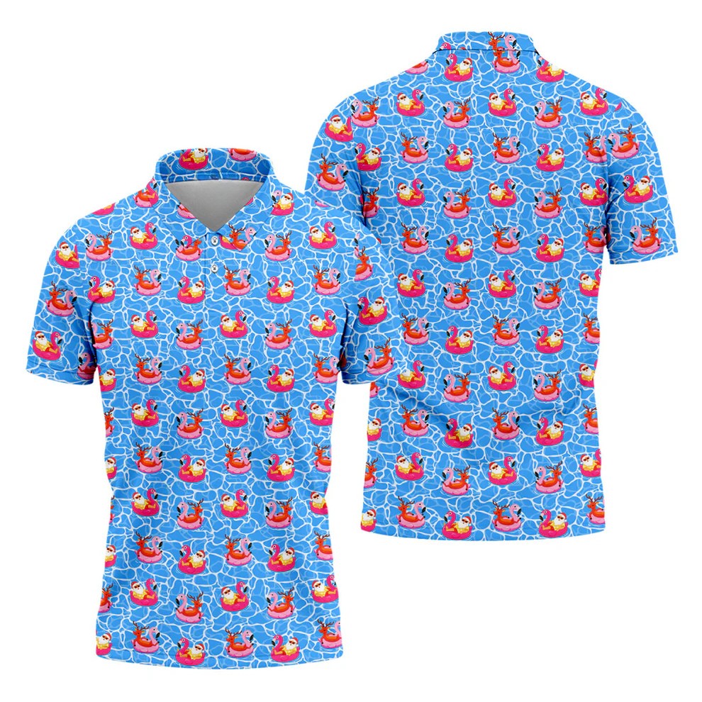 Santa Flamingo Pool Float Christmas Golf Shirt, Men's Golf Shirt, Hawaiian Golf Shirt, Printed Golf Shirts
