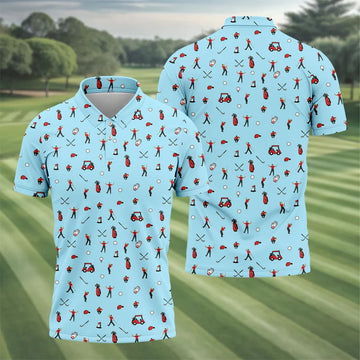 Blue Golf Player Pattern Polo Shirt, Golf Polo Shirts For Men, Printed Golf Shirts