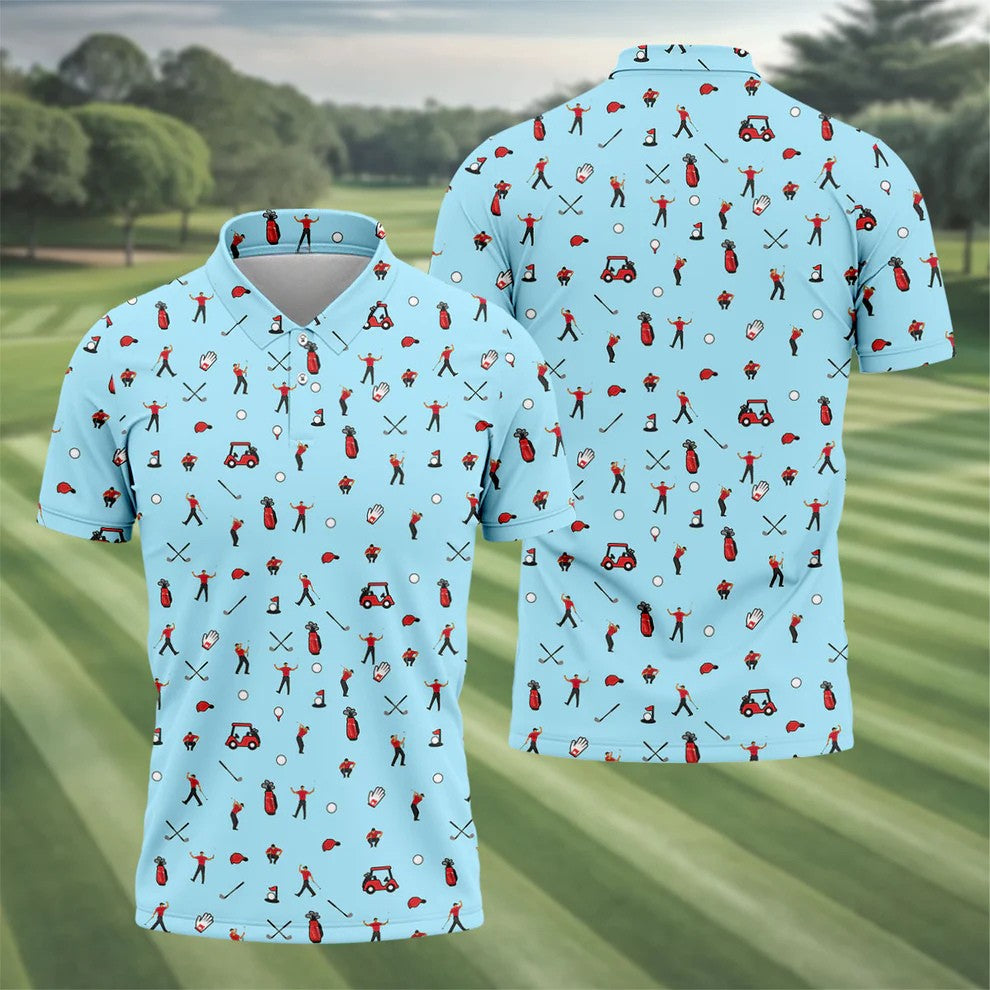 Blue Golf Player Pattern Polo Shirt, Golf Polo Shirts For Men, Printed Golf Shirts