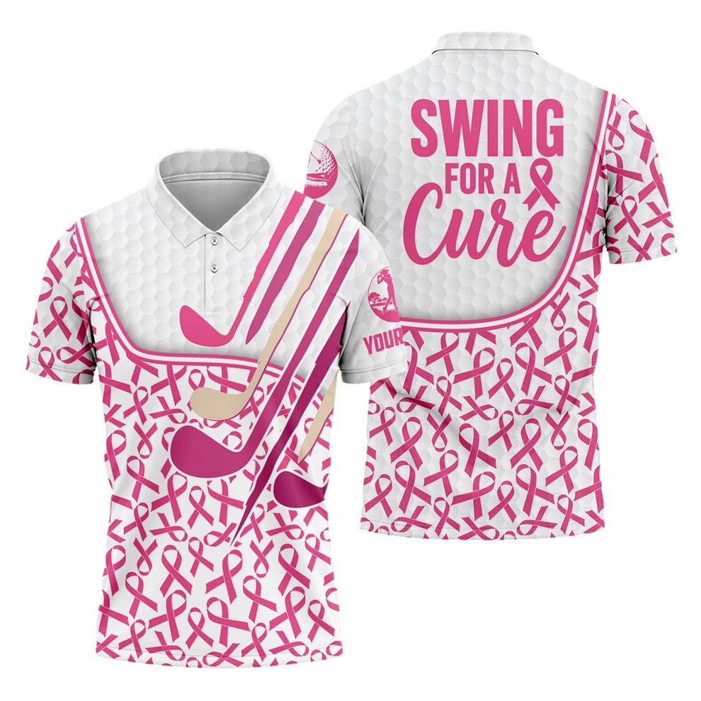 Custom Pink Ribbon Golf Club Breast Cancer Polo Shirt, Mens Golf Polo, Printed Golf Shirts