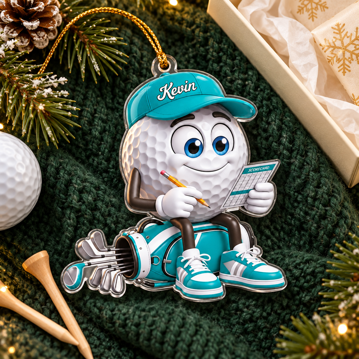 Custom Name Teal Golf Scorecard Acrylic Ornament, Christmas Ornaments, Golf Gifts