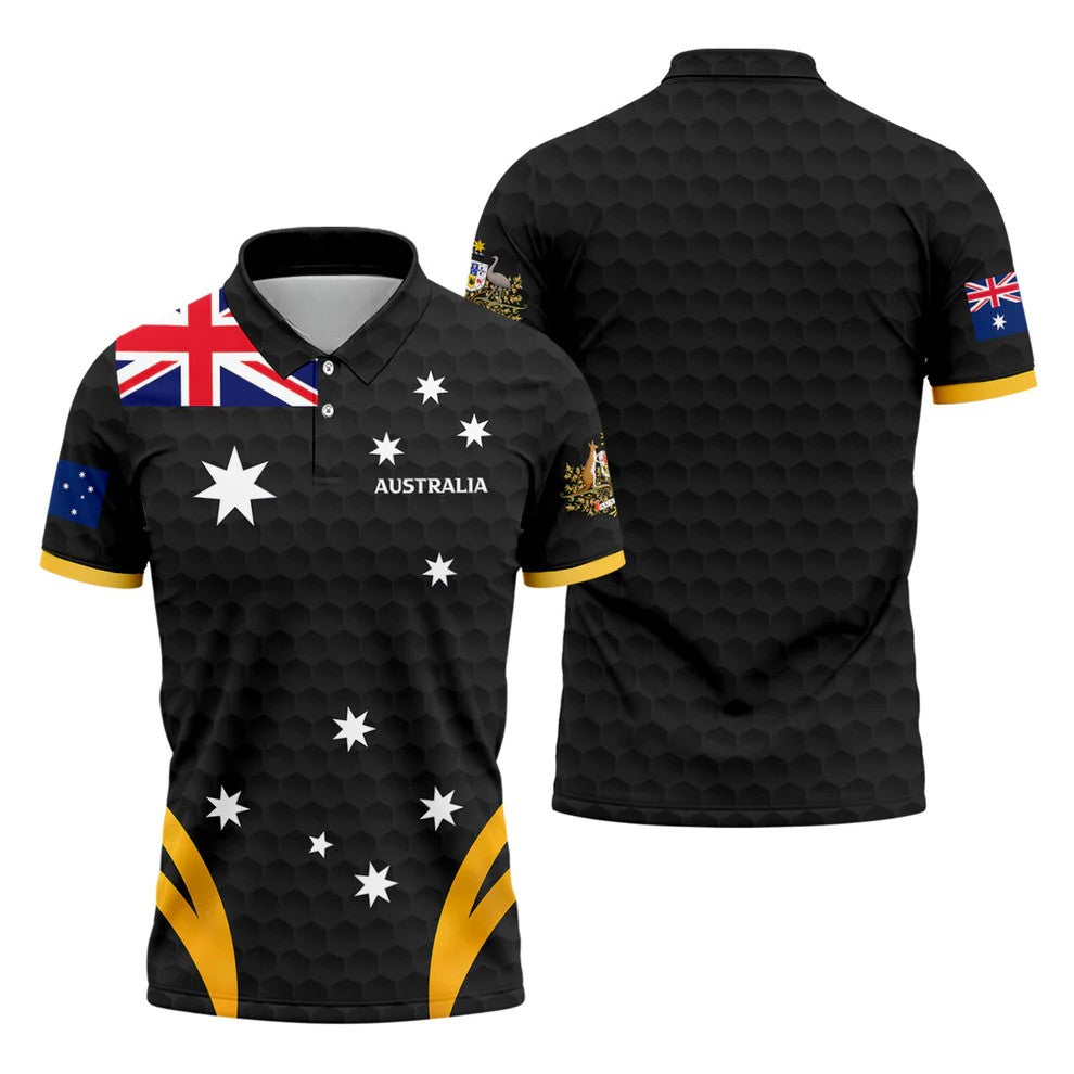 Australia Flag Print Golf Ball Pattern Black Golf Shirt, Australian Symbol Polo Shirts For Men