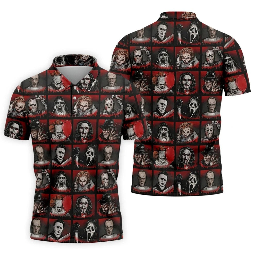 Horror Character Grid Halloween Golf Shirt, Mens Golf Polo, Golf Apparel For Men