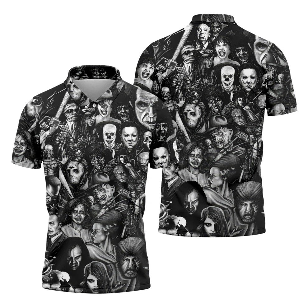 Classic Horror Characters Black And White Golf Polo, Dark Vibe Polo ShirtFor Men, Halloween Golf Shirt