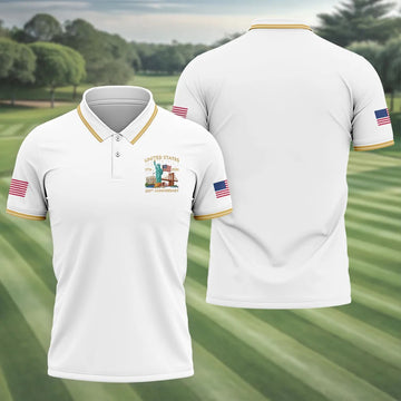 American Symbols White Patriotic Golf Shirt, US 250 Years 4th Of July Golf Shirts For Men