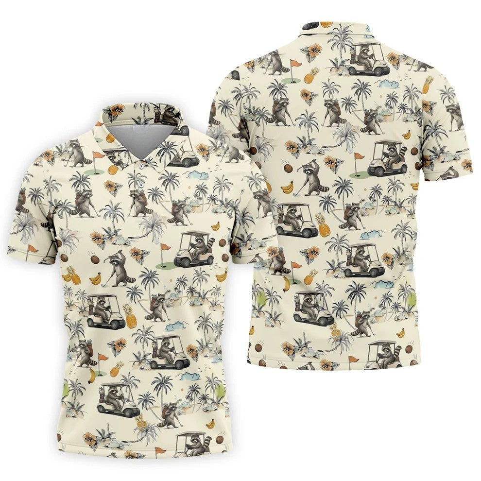 Funny Raccoon Golf Cart Tropical Pattern Polo Shirt, Mens Golf Polo, Golf Apparel For Men