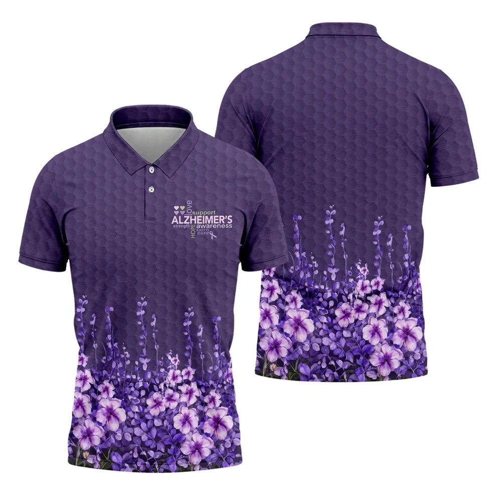 Purple Alzheimer's Awareness Floral Polo Shirt, Golf Polo Shirts For Men, Mens Golf Polo