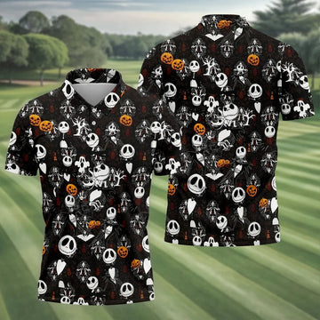Halloween Pumpkin Skeleton Pattern Golf Polo Shirt, Hawaiian Golf Shirt, Mens Golf Apparel