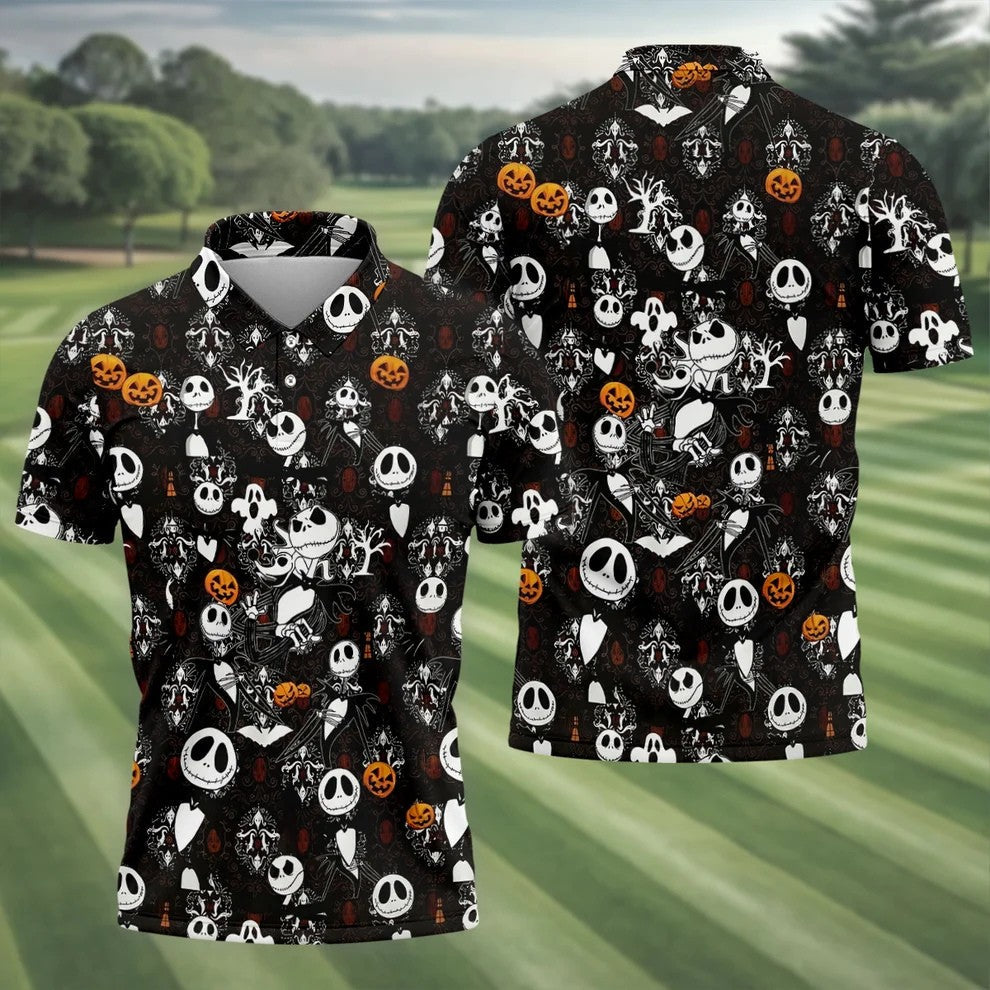 Halloween Pumpkin Skeleton Pattern Golf Polo Shirt, Hawaiian Golf Shirt, Mens Golf Apparel
