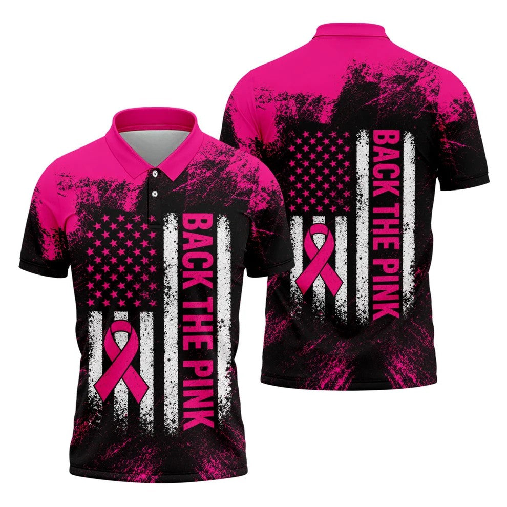 Back The Pink American Flag Breast Cancer Polo Shirt, Mens Golf Polo, Printed Golf Shirts