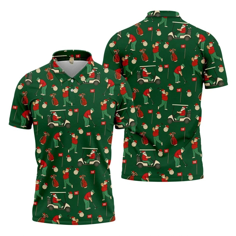 Golfing Santa Green Christmas Golf Tops For Men, Men's Funny Golf Shirts, Christmas Golf Shirt
