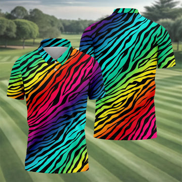 Rainbow Gradient LGBT Support Zebra Pattern Golf Tops For Men, Pride Month Golf Shirts For Men
