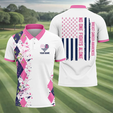 Custom No One Fights Alone Breast Cancer Shirt, Golf Polo Shirts For Men, Mens Golf Shirts