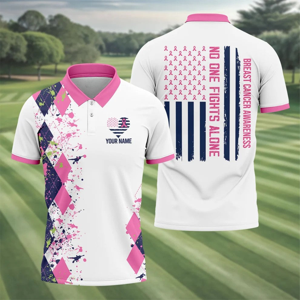 Custom No One Fights Alone Breast Cancer Shirt, Golf Polo Shirts For Men, Mens Golf Shirts
