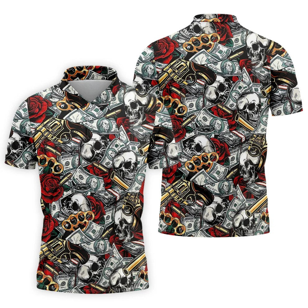 Black Skull Cash Rose Western Pattern Golf Polo Shirt, Men's Golf Shirt, Hawaiian Golf Shirt