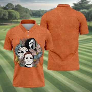Floral Horror Mask Trio Halloween Golf Polo Shirt, Men's Golf Shirt, Mens Golf Apparel