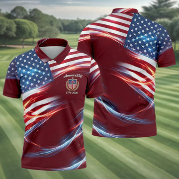America 250 Light Effect American Flag Golf Shirt, Patriotic 4th Of July Golf Shirts For Men