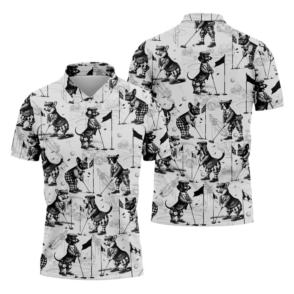 Vintage Golfing Dogs Pattern Golf Polo Shirt, Mens Golf Shirts, Golf Apparel For Men