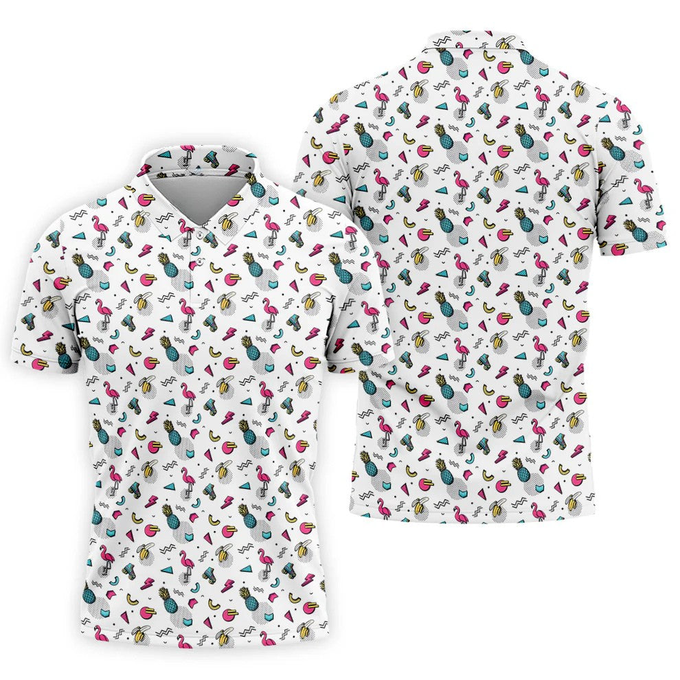 White Retro Summer Flamingo Pattern Golf Polo Shirt, Men's Golf Shirt, Golf Polo Shirts For Men