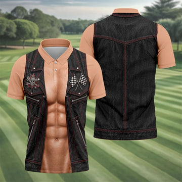 Black Red Racing Leather Vest Golf Polo Shirt, Mens Golf Polo, Printed Golf Shirts