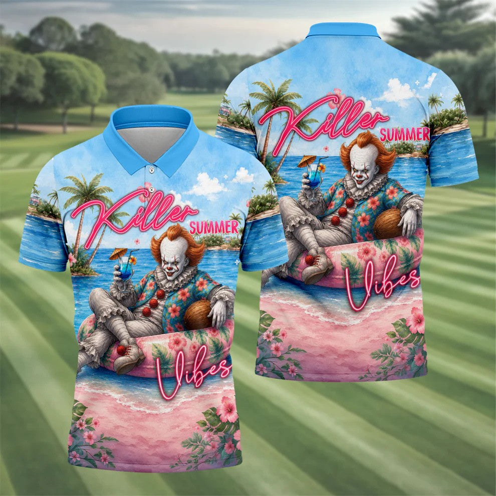 Killer Summer Vibes Scary Clown Golf Polo Shirt, Men's Golf Shirt, Printed Golf Shirts
