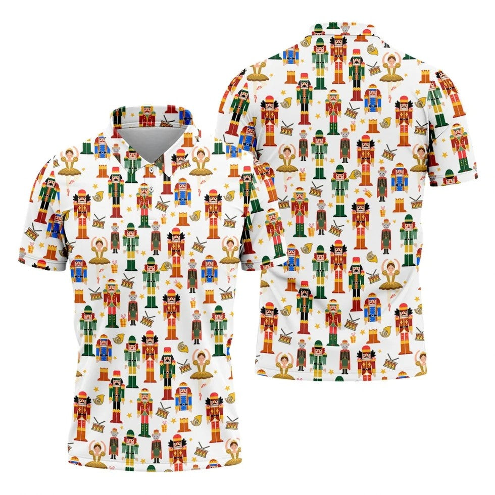 Nutcracker Christmas Golf Tops For Men, White Polo Shirt ??ns, Christmas Golf Shirt, Golfing Apparel
