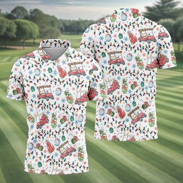 Golf Cart Christmas Lights Polo Shirts For Men, Christmas Golf Shirt, Golf Lover Xmas Gift