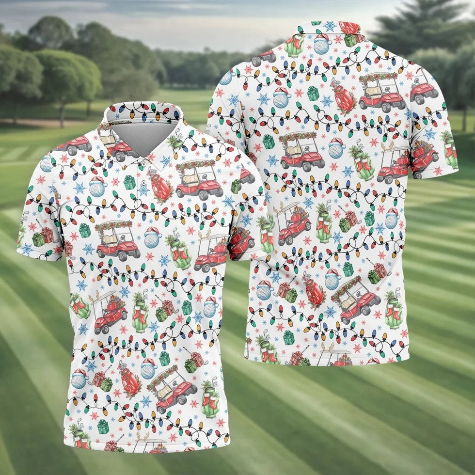 Golf Cart Christmas Lights Polo Shirts For Men, Christmas Golf Shirt, Golf Lover Xmas Gift