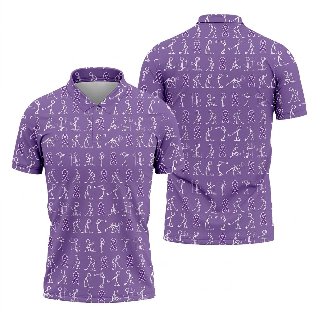 Funny Stick Figure Men's Golf Shirt, Pancreatic Cancer Awareness Shirt, Purple Golf Shirt, Golf Shirts For Men