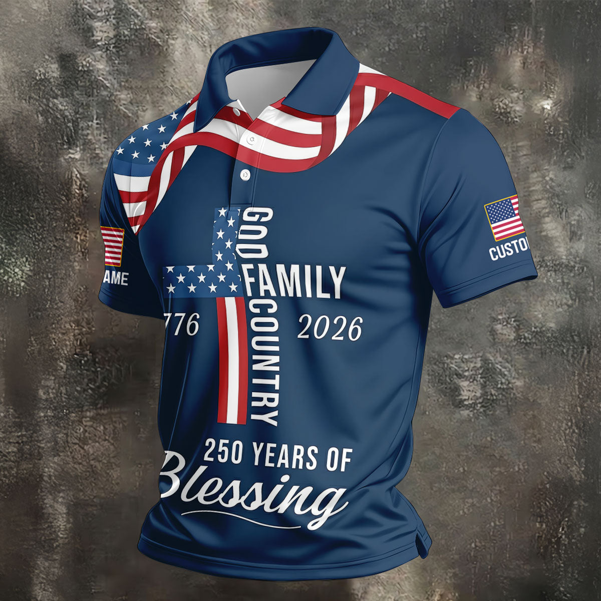 God Family Country Faith Cross 250 Years Of Blessing US Flag Golf Shirt, Golf Shirts For Men