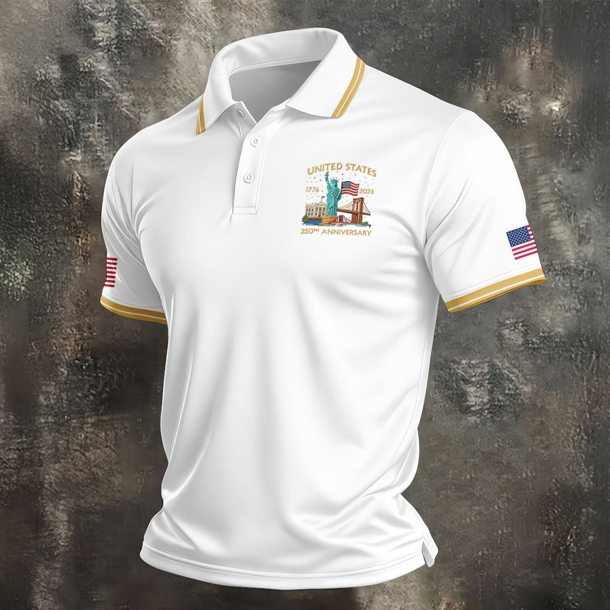 American Symbols White Patriotic Golf Shirt, US 250 Years 4th Of July Golf Shirts For Men