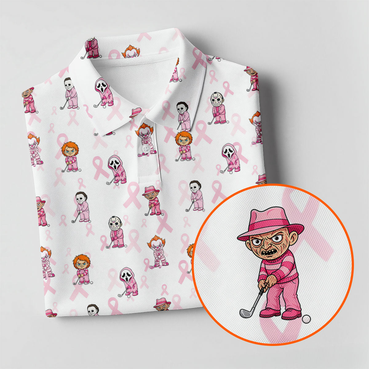 Breast Cancer Chibi Horror Character Polo Shirt, Womens Golf Tops, Golf Polo For Women