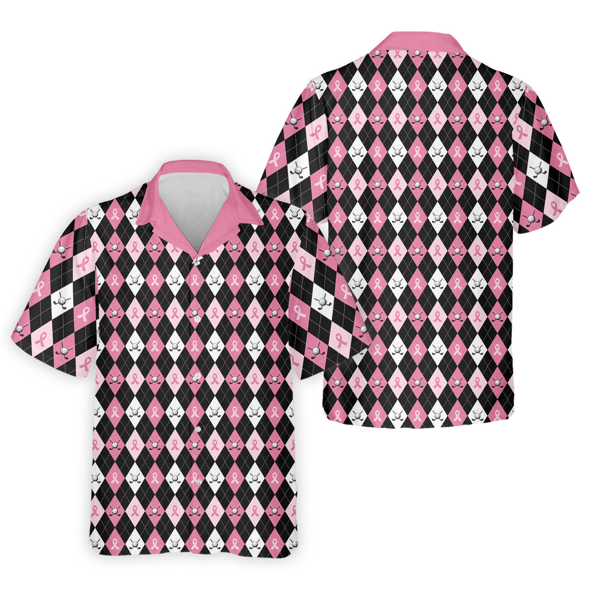 Black Pink Argyle Men's Golf Polo Shirt, Breast Cancer Golf Shirt, Golf Gift For Men, Matching Golf Shirts