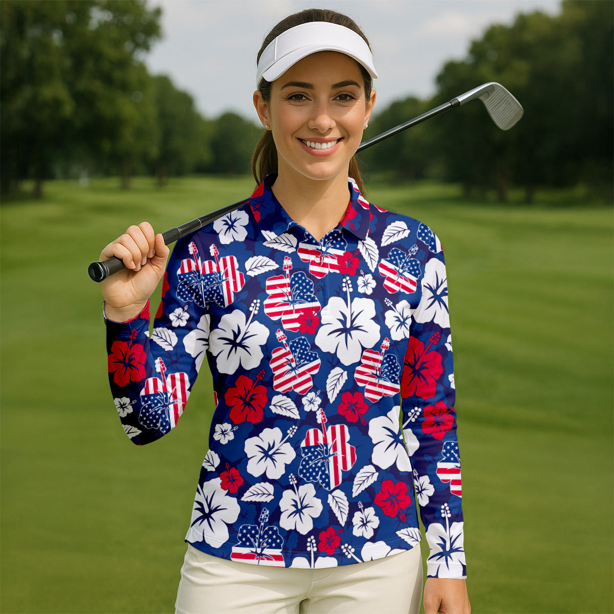 Tropical Hibiscus American Flag Womens Golf Polo Shirt, 4th Of July Shirts, US 250 Anniversary Ladies Golf Shirt