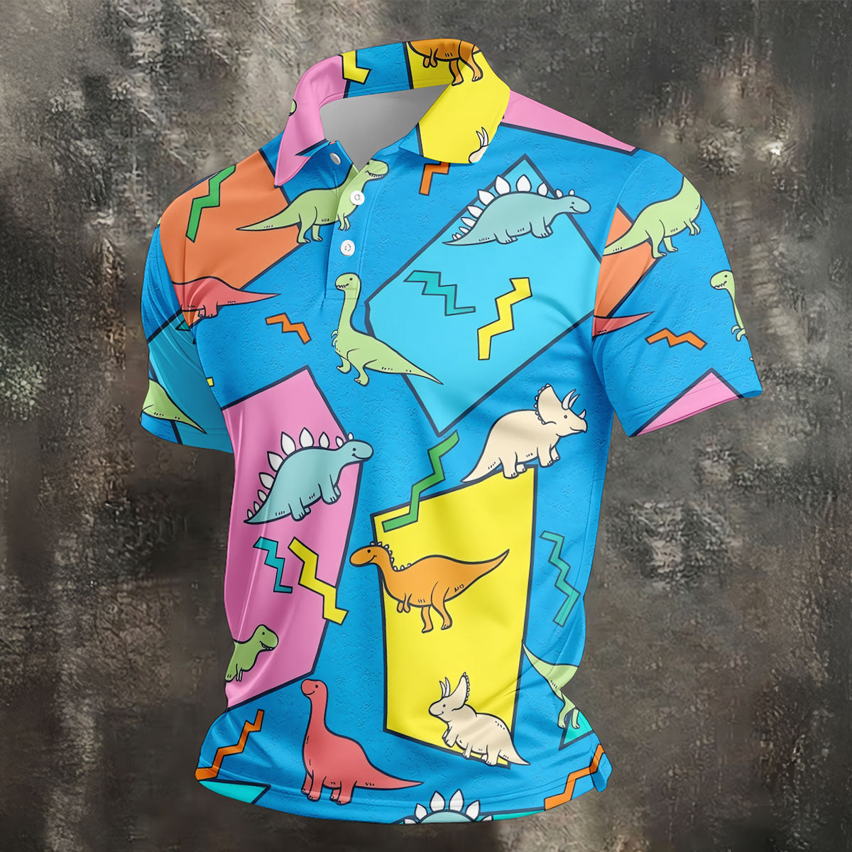 Retro Colorful Dinosaur Pattern Golf Shirt, Men's Golf Shirt, Golf Apparel For Men