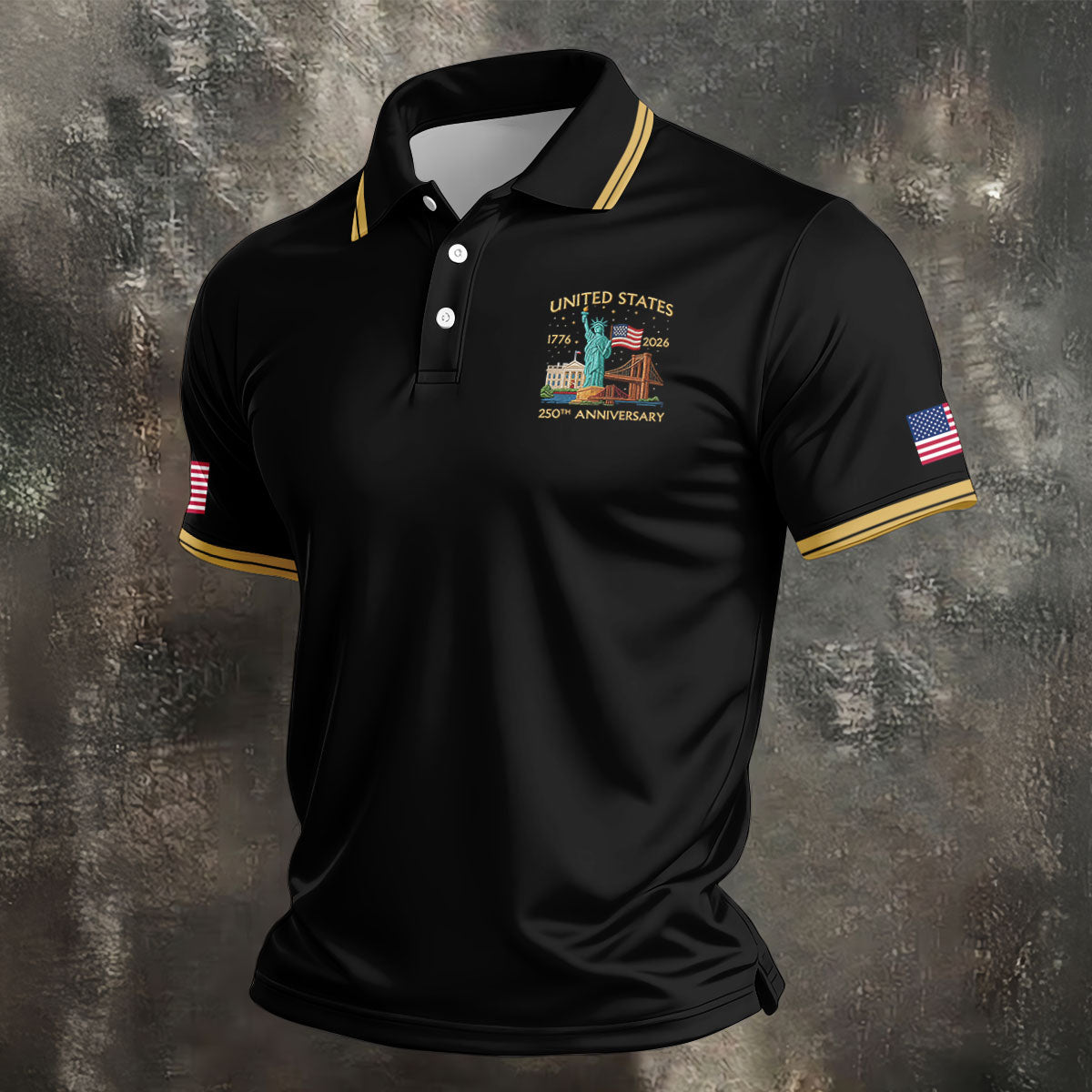American Symbols Black Patriotic Golf Shirt, US 250 Years 4th Of July Golf Shirts For Men