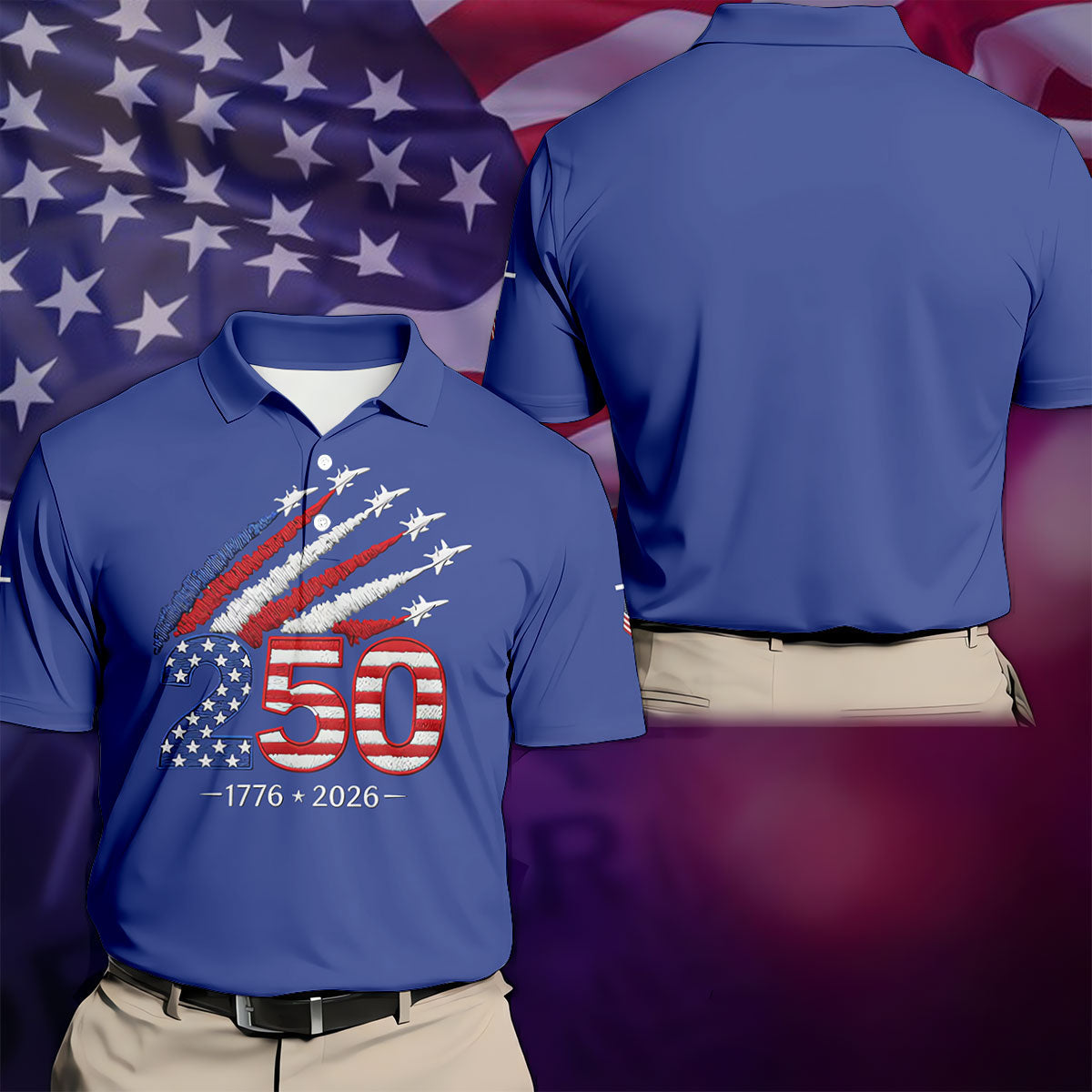 Flying Fighter Jets Faith Cross Patriotic 4th Of July Blue Golf Shirt, 250 Years Golf Shirts For Men