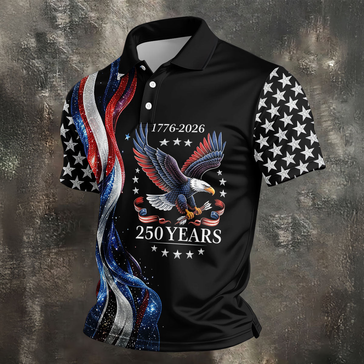 Bald Eagle Red White Blue Wavy Stripes Patriotic Golf Shirt, 250 Years 4th Of July Golf Shirts For Men