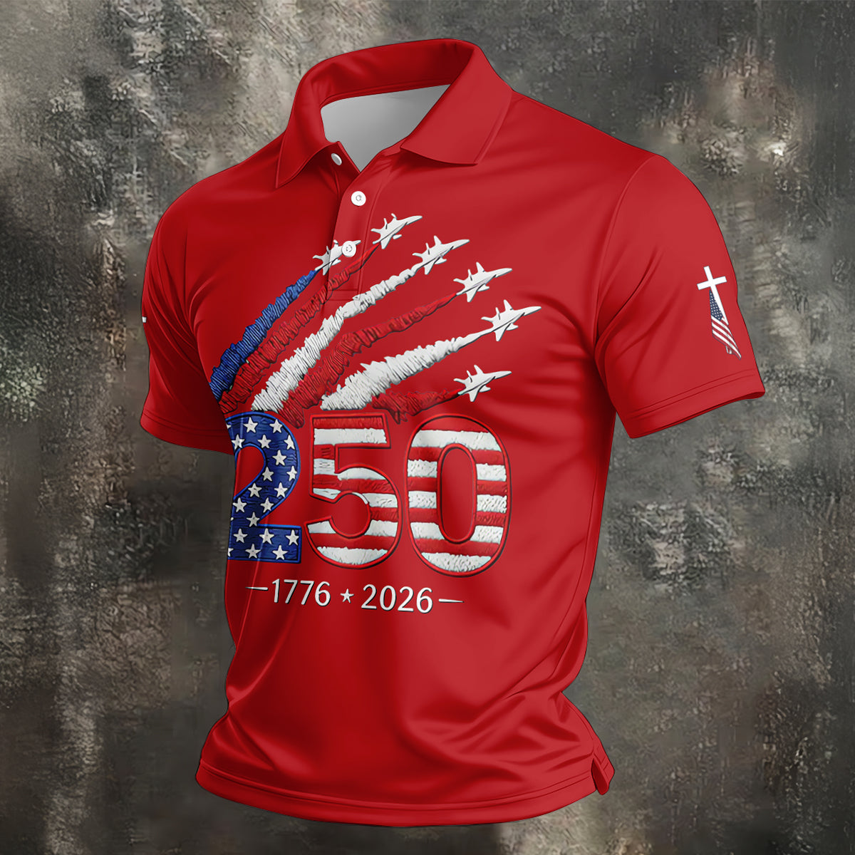 Flying Fighter Jets Faith Cross Patriotic 4th Of July Red Golf Shirt, 250 Years Golf Shirts For Men